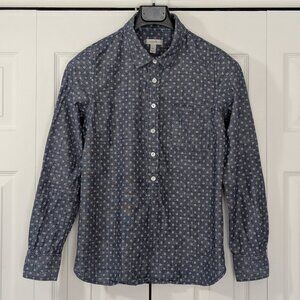 J.Crew Indigo Polka Dot Long Sleeve Half Button up Chambray Shirt Tunic
